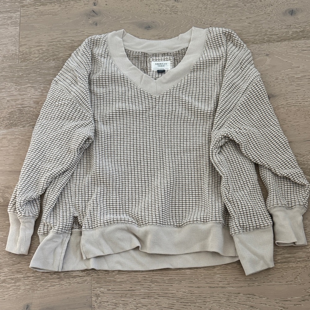 American Eagle Outfitters Textured Cream V-Neck Sweater
